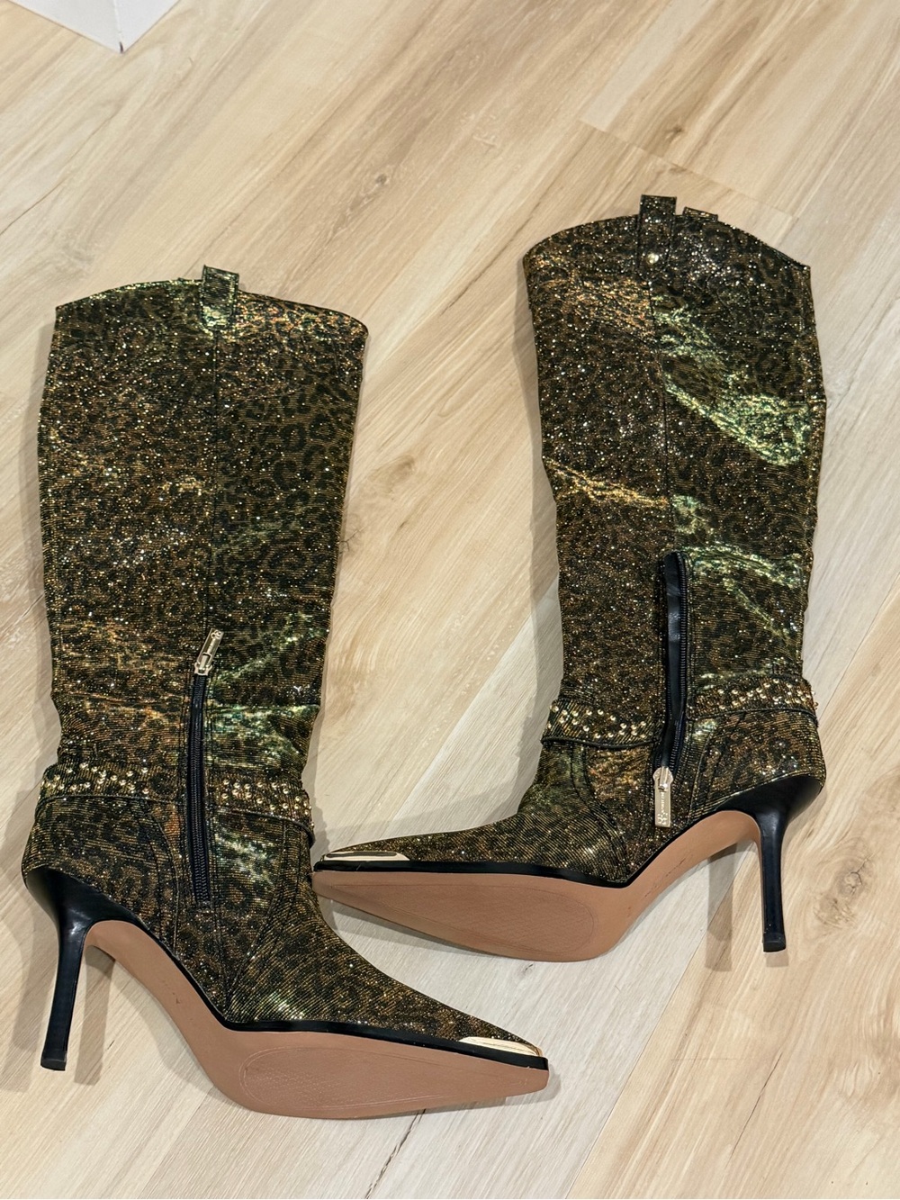 Metallic Green Leopard-Print Knee-High Stiletto Boots